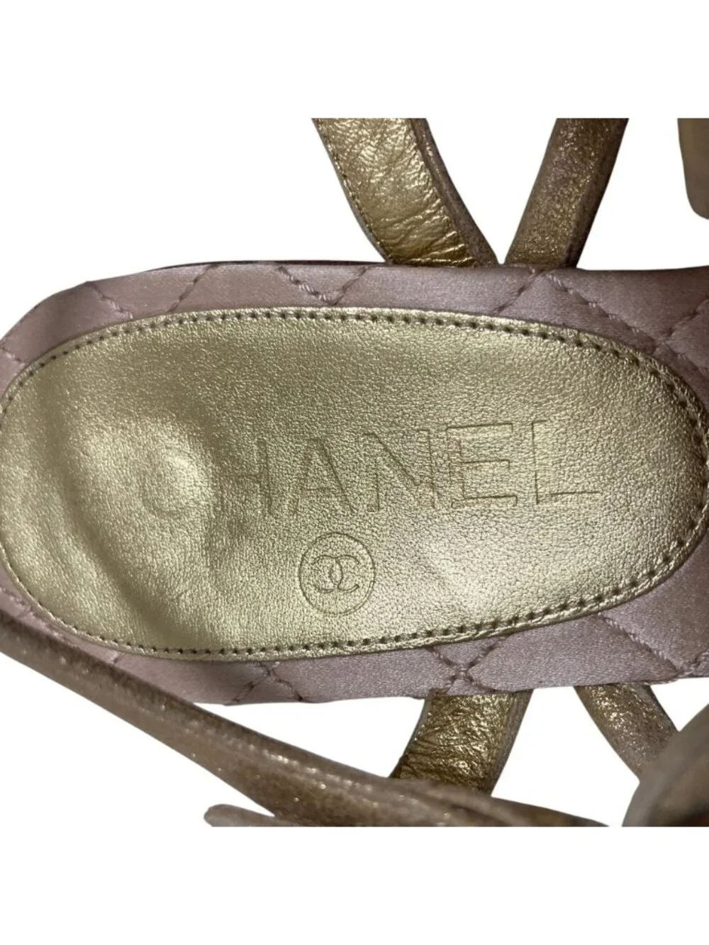 Chanel CC Logo Rhinestone Ankle Strap Flat Sandals 37C Gold